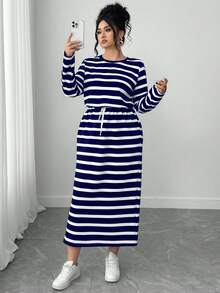 Elenzga 大码女式休闲通勤条纹长袖连衣裙 - 藍色 - 查看 1