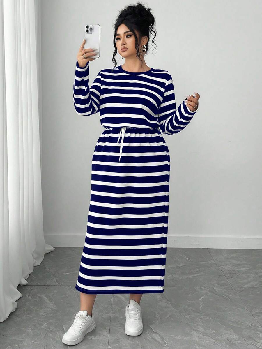 Elenzga 大码女式休闲通勤条纹长袖连衣裙 - 藍色 - 查看 1