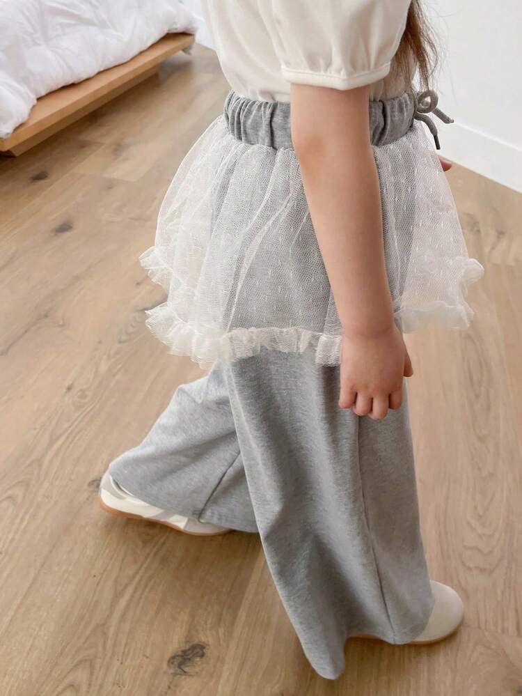 Young Girl Drawstring Waist Contrast Mesh Ruffle Hem Loose Pants, Summer