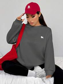 SHEIN Leap Crew 两件套少女休闲宽松加厚柔软长袖卫衣+紧身打底裤套装，深灰色和黑色，带迷你Logo，适合秋冬季穿搭、外出，舒适百搭，秋冬季叠穿单品，时尚少女风，休闲装，少女印花服装，秋冬服装，秋冬新款 - 彩色 - 查看 7