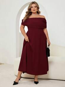 SHEIN CURVE+ 大码女士优雅简约时尚浪漫性感连衣裙，露肩高腰A字伞裙，适合度假、通勤、约会，灰色长款连衣裙 - 紅色 - 查看 7