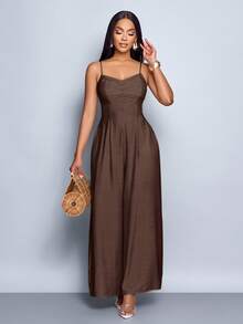 SOLERSUN 女士垂褶前襟垂褶领系带露背阔腿吊带连体裤，适合日常穿着和度假 - 咖啡棕 - 查看 6