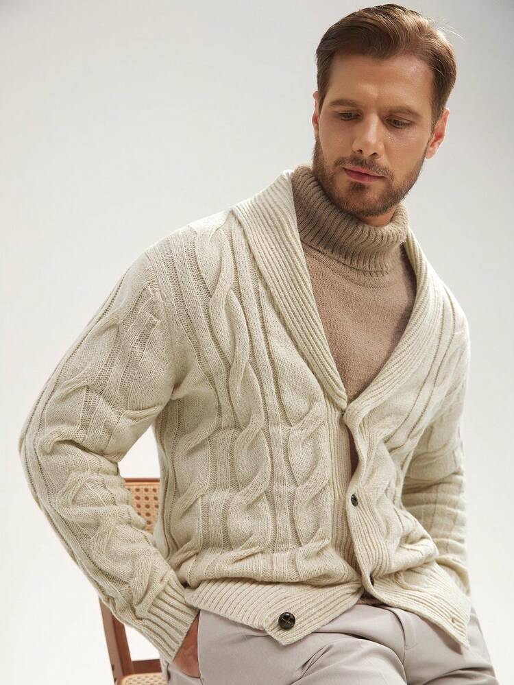 Manfinity Homme 男士披肩领麻花针织开衫，纽扣前开襟，适合秋冬季节，长袖上衣 - 杏色 - 查看 3