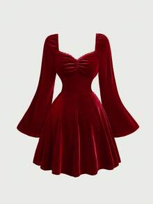 SHEIN Serisse Kids Tween Girl's Elegant Velvet Sweetheart Collar Ruched Flare Sleeve Cinched Waist Wine Red Dress, Suitable For Weekend, Casual Outing, Graduation Dance,  Velvet Dress, Long Sleeve Velvet Dress,  Burgundy Velvet Dress - Burgundy - View 5
