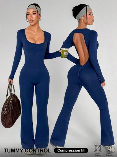 Dewbera 女式纯色露背方领长袖连体裤