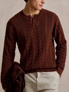 Manfinity Homme Men's Maroon Half-Button Crew Neck Knit Sweater,Autumn Smart Casual Dress Style,Collegiate Cable Knit Wear For Work Commute,Home Life & Casual Travel - Brown - View 4