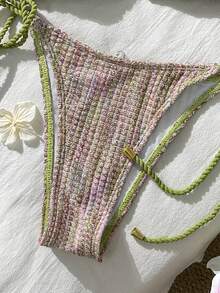 Swim Mod Summer Women 2 Pieces Textured Knit Halter Top And Drawstring Side Pants Swimsuit Set Knitted Bathing Suit Beaded Bikini Crochet Bikini Set Crochet Swimsuit Women String Bikini Set Boho Bathing Suit Boho Bikini Set Crochet Bathing Suit Textured Bikini - Multicolor - View 7