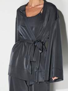KIZN Luxurious Satin Lounge Robe With Belt Tie Kimono Style Sleepwear Pajama Robe For Home Relaxation - Black - View 4