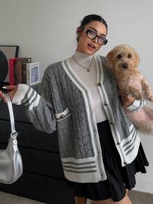 SHEIN CURVE+ Áo len cardigan cỡ lớn cho nữ, phong cách đại học mới cho mùa thu/đông - Xám - Xem 6