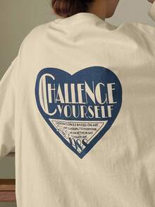 FRIFUL Women's Slogan & Heart Print Round Neck Dropped Shoulder Long Sleeve Casual Loose T-Shirt Graphic Tee - Apricot - View 6