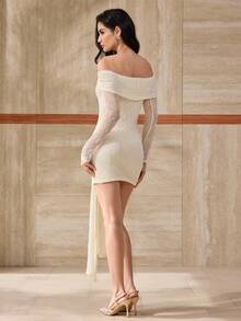 Modelyn Women's Sexy Beach Vacation Knit Hollow Out Off Shoulder Twist Hem Mini Dress, Winter - Apricot - View 2
