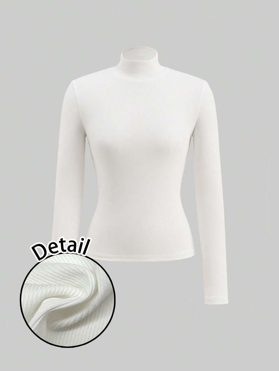 SHEIN BASICS قميص قاعدة أساسي بأكمام طويلة ضيق الملائمة بياقة عالية مناسب للخريف/الشتاء للنساء - أبيض - مشاهدة 1
