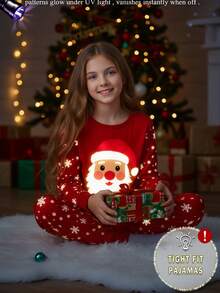 少女圣诞主题红色睡衣，圣诞老人印花搭配雪狐图案，夜光针织弹力长袖上衣和裤子两件套睡衣套装 - 紅色 - 查看 3