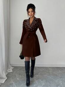 Elenzga Manteau pour femmes avec décoration de perles, croisé, design cintré à la taille, élégant pour le quotidien, les trajets, le style casual, la mode, le style de rue français, le vintage, les fêtes, les affaires, noir, manches longues, automne/hiver - Tabac - Voir 6