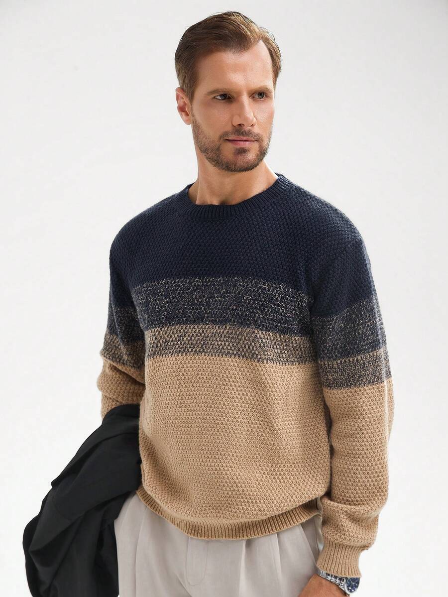 Manfinity Homme 男士撞色圆领长袖休闲宽松针织毛衣，秋冬 - 彩色 - 查看 1