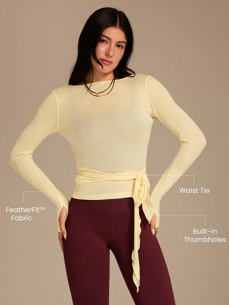 Top enveloppant réversible en laine Tencel à manches longues, col V, taille nouée, longueur hanches, doux et chaud. Idéal pour le yoga, le pilates, et le port casual au quotidien en automne et hiver.
