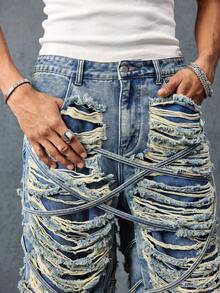 ROMWE MEN Street Life Men's Distressed Denim 3/4 Length Blue Shorts - Blue - View 8