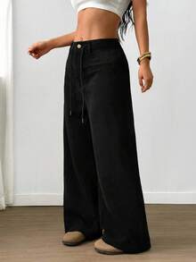 SHEIN LUNE Women's Solid Color Drawstring Faux Pocket Casual Pants, Autumn - Black - View 3