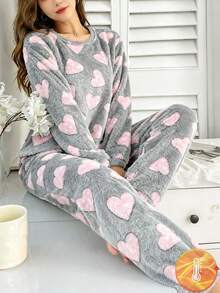 少女心形图案圆领长袖上衣和松紧腰裤睡衣套装 - 彩色 - 查看 9