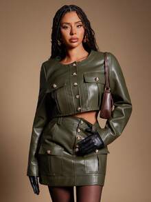 Radiana Women's PU Leather Short Jacket, Vintage Motorcycle Style, Long Sleeve, Cropped, High-Quality, Autumn/Winter Olive Green,جاكيتات شتويه نسائي - Army Green - View 7