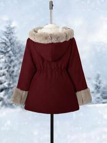 SHEIN 1 件女童蓬松连帽长袖中长外套，舒适简约设计，适合冬季