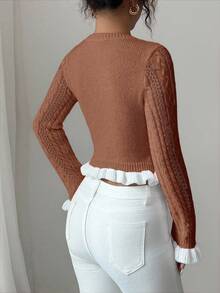 Elenzga Áo khoác cardigan ngắn cổ tròn xếp nếp dệt kim ôm sát mùa thu mới cho nữ, thiết kế nút kim loại, ngọt ngào cho ngày lễ tình nhân, đa năng - Rỉ Nâu - Xem 2