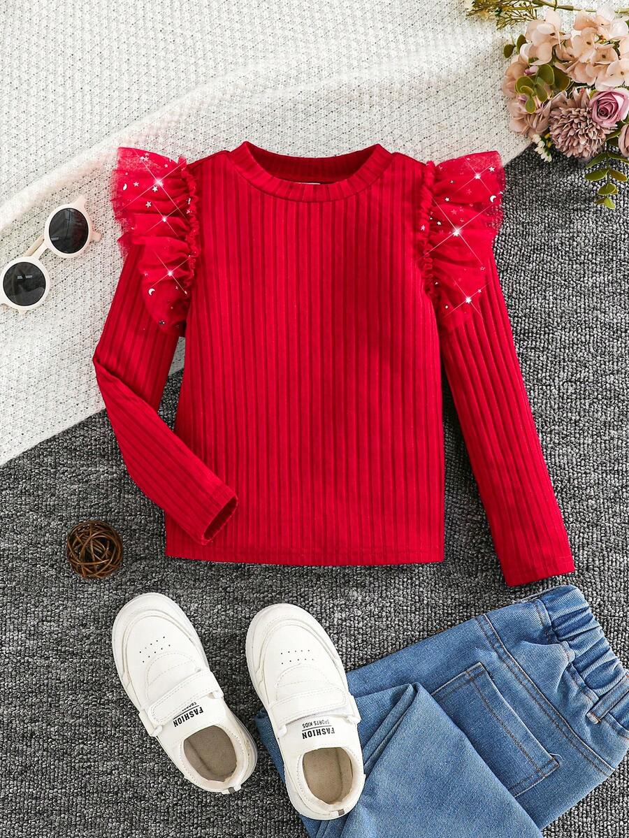 SHEIN Camiseta de punto acanalado con volantes de malla y estampado de estrella en contraste para niña, rojo para Navidad. - Rojo - Ver 1