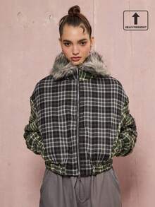 COUREZ 格纹拼接超大款飞行员夹克 / Y2K 冬季女装外出上衣新年冬季上衣冬季外套女式夹克 - 彩色 - 查看 1