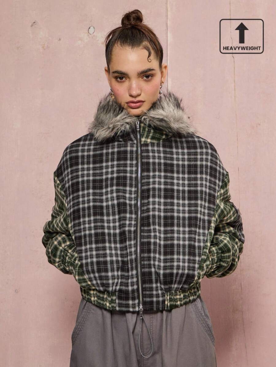 COUREZ 格纹拼接超大款飞行员夹克 / Y2K 冬季女装外出上衣新年冬季上衣冬季外套女式夹克 - 彩色 - 查看 1