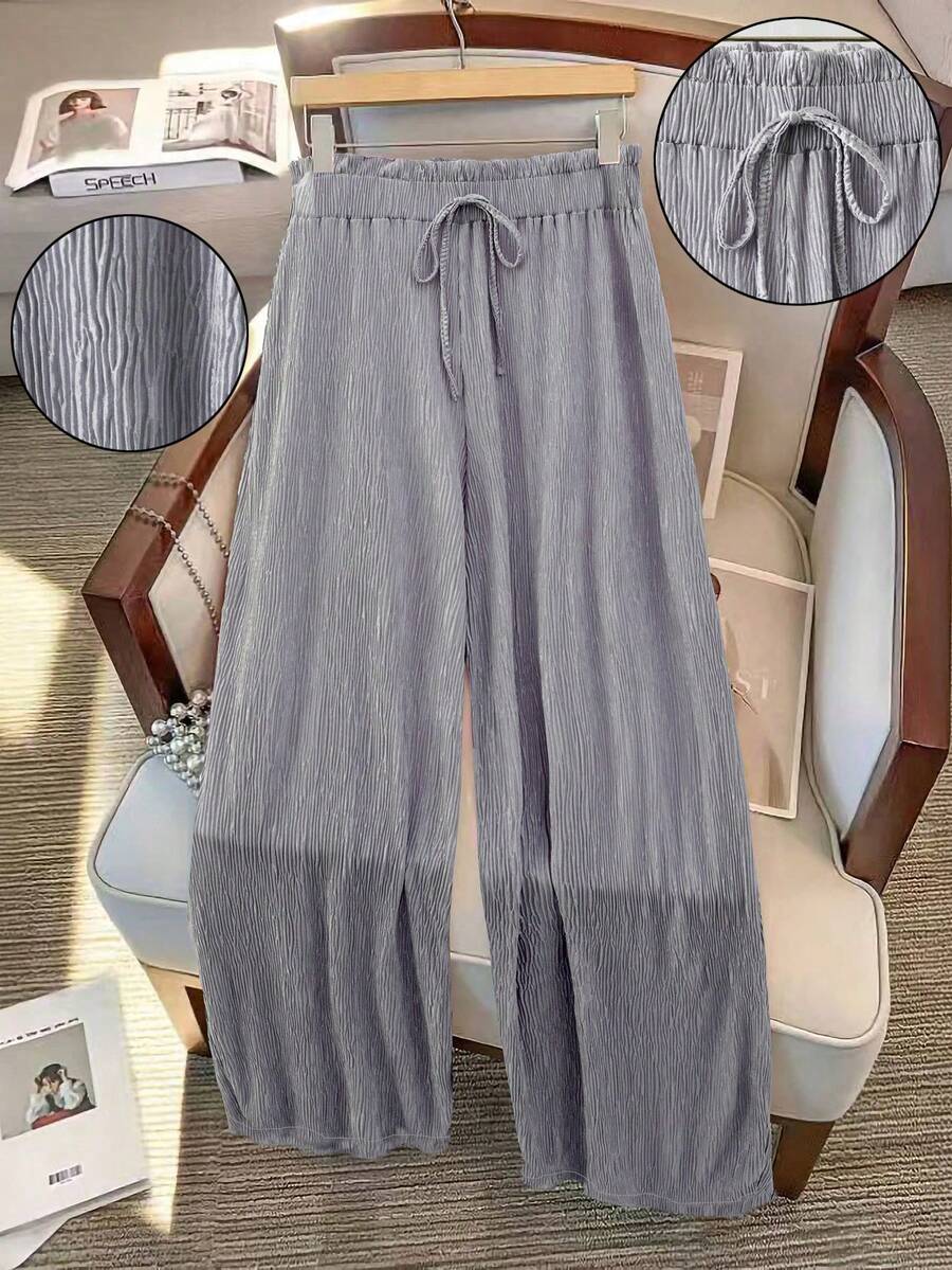 EMERY ROSE Quần ống rộng xếp ly màu bạc dệt kim cỡ lớn cho nữ, thường ngày, thoải mái, dự tiệc, thu đông - Bạc - Xem 1