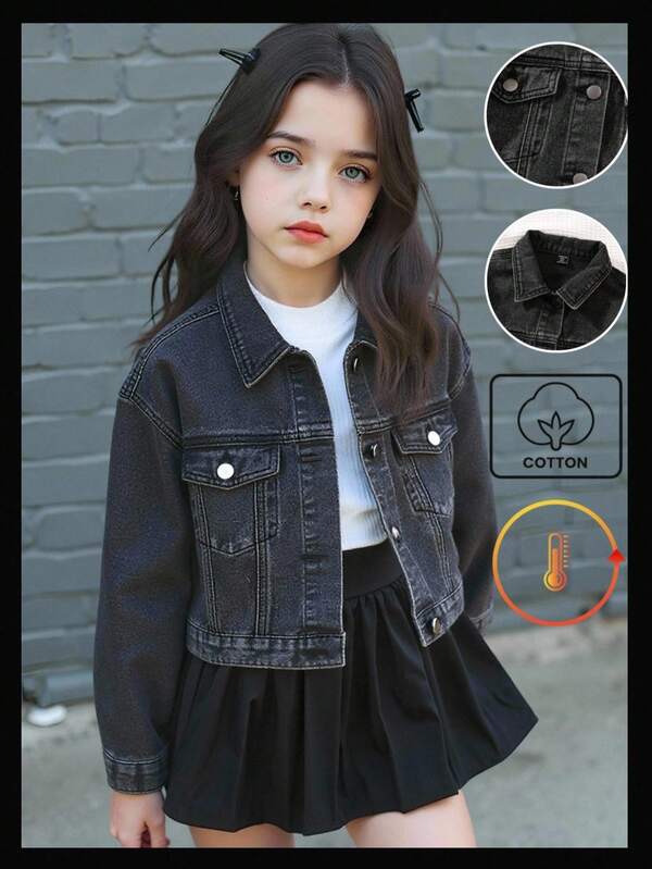 SHEIN Tween Girls' Denim Jacket And Coat, Y2k Casual Fashion Retro Personalized All Season Workwear Denim Long Sleeve Black & Gray Printed Jacket, Casual  & Sports Style Outerwear Girls Black Jean Jacket Kids Jean Jacket Girl Jean Jacket Black Denim Jacket Kids Girls Denim Jacket Halloween Back To School  Autumn Autumn Holiday Streetwear Old Money Fall Winter
