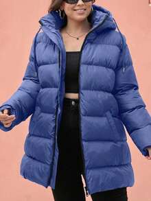 EURMUSE Plus Size Zip Up Drawstring Hooded Padded Coat - Navy Blue - View 5