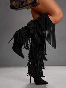 CUCCOO SZL 时尚尖头细高跟黑色多层流苏性感优雅女式过膝靴，黑色过膝长靴适合时尚派对、夜总会、音乐节、性感装扮 - 黑色 - 查看 9