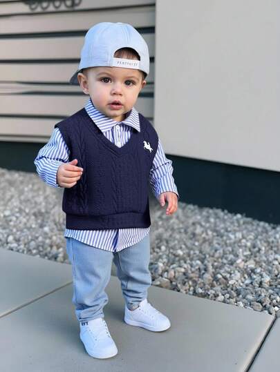 SHEIN 2pcs/Set Baby Boys Thermal Lined Thick Tracksuit, Long Sleeve Collared Shirt Top And Grey Knit Vest With Denim Pants, Comfortable Casual Versatile Outfit Suitable For Indoor, Outdoor, Daily Wear, Sports, Play, Party, Photo Shoot, Holiday, Back To School, Streetwear, Joggers, Tracksuit, Halloween, Spring/Summer/Autumn/Winter