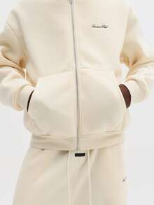 SUMWON 全拉链连帽衫和运动裤套装，带抽绳帽、中央口袋和弹性腰带，休闲家居服 - 淡黃色 - 查看 7