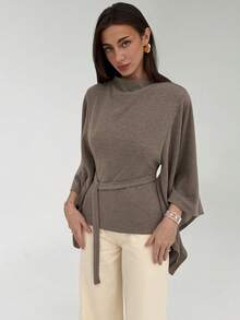 Aloruh Women's Solid Color Stand Collar Flare Sleeve Belted Casual Fashionable Top Fall Autumn Winter Top, A Versatile Autumn/Winter Style - Apricot - View 3