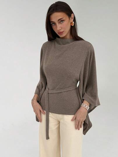 Aloruh Women's Taupe Wool Cape Cover-Up,Autumn Elegant Office Brunch Stand Collar Flare Sleeve Belted Top, Detachable Belt Winter Fashionable Top