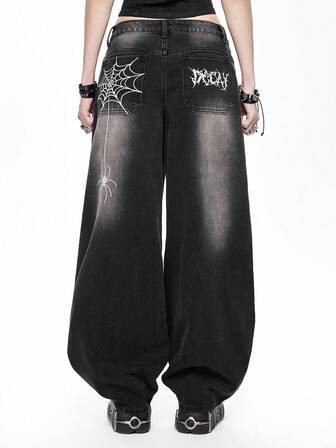 Grunge Punk Verwaschen Spinnennetz bestickte Oversized Schlagjeans für Frauen