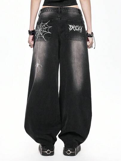 Grunge Punk Distressed Spiderweb Embroidered Oversized Flare Women Jeans