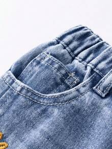 Jeans de pierna ancha de mezclilla desgastada y desteñida con panel frontal personalizado y lazo 3D, pantalones casuales versátiles, azul, estilo niñas de los 90s, K-pop de los 90s - Azul - Ver 6