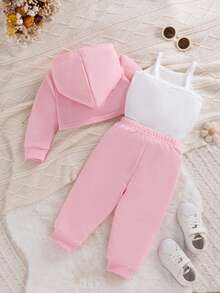 3件套幼儿女童休闲运动简约卫衣套装，春秋季 - 粉色 - 查看 2