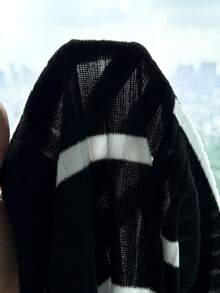 SHEIN Tween Girls' Black & White Ribbed Crew Neck Long Sleeve Casual Loose Thick T-Shirt, Autumn/Winter Pullover Top Teen Girl Two Piece Teen Girl Crop Top Tween Girls Sets Black And White Tops For Teen Girls - Black - View 7