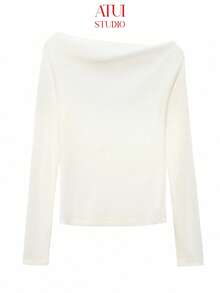 ATUI Studio Women's Autumn Casual Asymmetrical Shoulder Ruched Tencel Wool Women's Long Sleeve Semi-Sheer T-Shirt,Fall Clothes For Women,Fall Tops - White - View 2
