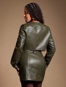 Radiana Women's PU Leather Short Jacket, Vintage Motorcycle Style, Long Sleeve, Cropped, High-Quality, Autumn/Winter Olive Green,جاكيتات شتويه نسائي - Army Green - View 2