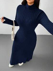 SHEIN EZwear 藏蓝色羊毛罗纹纹理休闲加大码长款连衣裙，秋冬款 - 藏蓝色 - 查看 3