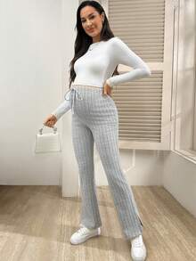 SHEIN Maternity Solid Color Adjustable Waist Ribbed Slit Leggings - Grey - View 5