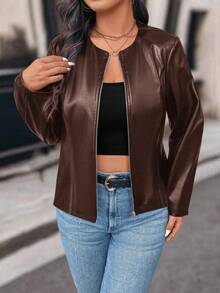 SHEIN PETITE 娇小女式休闲街头风短款PU皮夹克