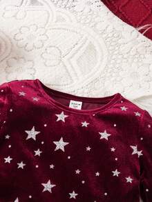 少女优雅可爱星形图案丝绒红色长袖连衣裙 - 酒紅色 - 查看 3