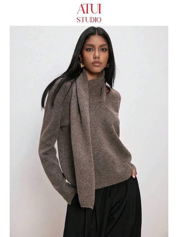ATUI Studio Women's Keep Warm And Protect Against Cold Wool Knit Sweater With Shawl Collar, New Autumn/Winter Long Sleeve Loose, Casual, Fashionable, Simple Knit Sweater, Christmas Pullover, Minimalist For Commuting, Versatile,Brown Sweater