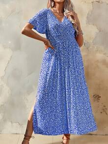 Roveilla 大码碎花连衣裙，V领设计，收腰长款女装